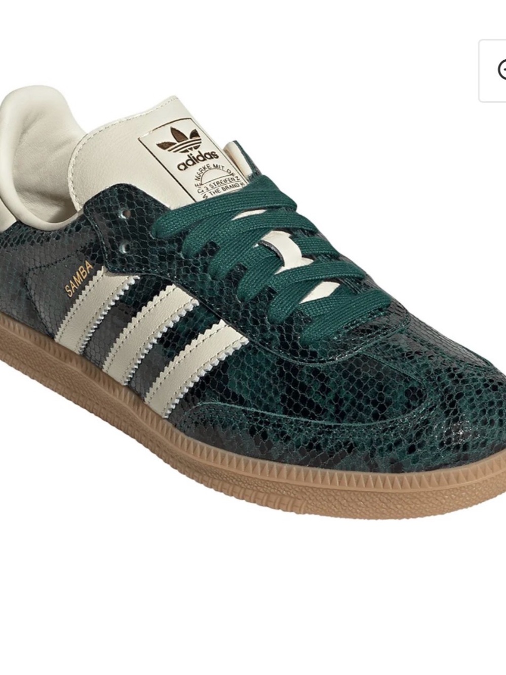 adidas Samba Sneakers in Dark Green Snake Print with Cream Stripes - Picture 2 of 7
